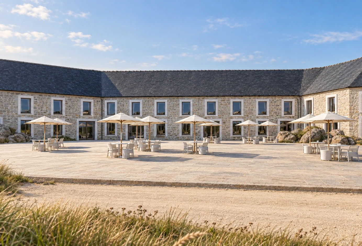 La terrasse du club-house et ses parasols
